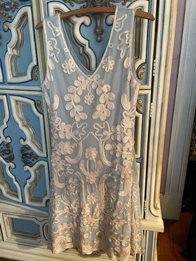 Sundance Light Blue Midi Dress with Ivory Lace Appliqué